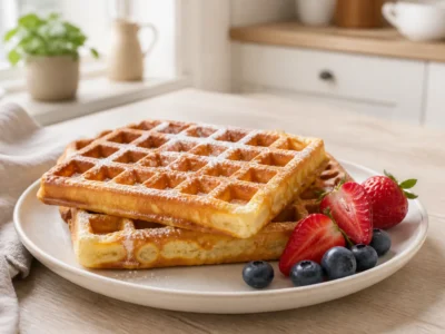 Belgische Waffeln aussen knusprig und innen luftig mit Puderzucker und Beeren