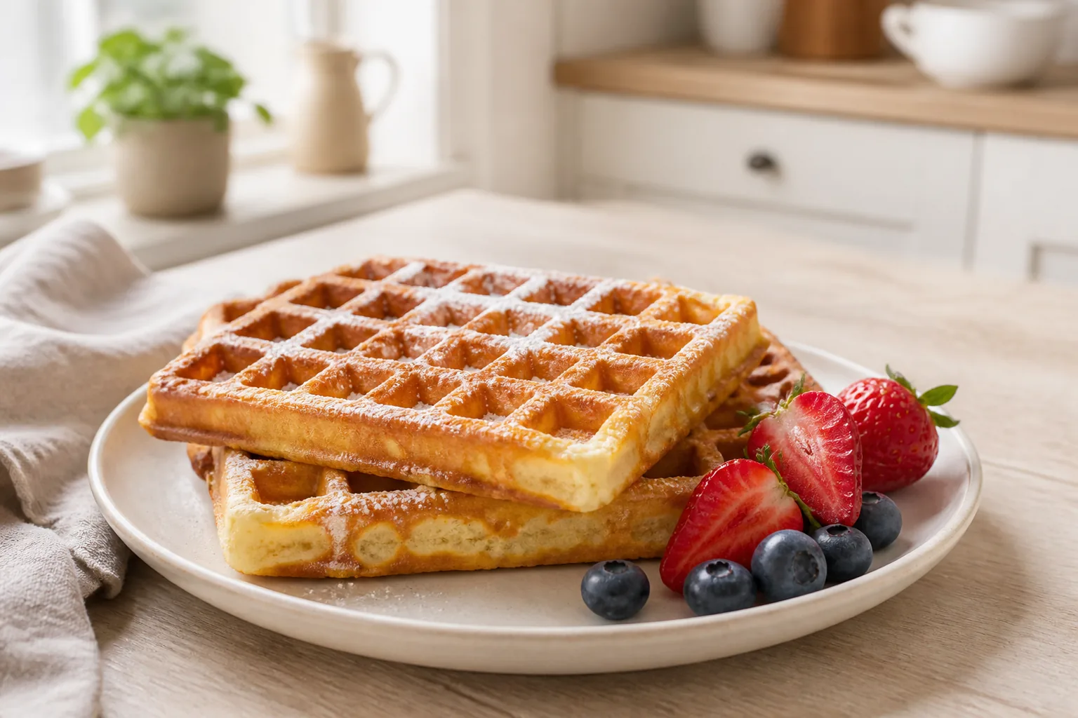 Belgische Waffeln aussen knusprig und innen luftig mit Puderzucker und Beeren