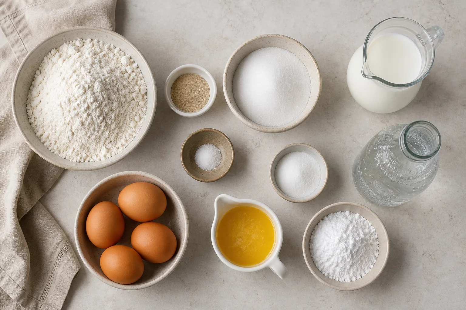 Zutaten für belgische Waffeln mit Mehl, Hefe, Eiern, Butter, Milch und Mineralwasser