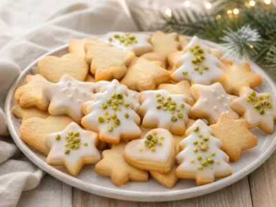 Zarte Butterplätzchen mit Zitronenguss auf hellem Weihnachtsteller