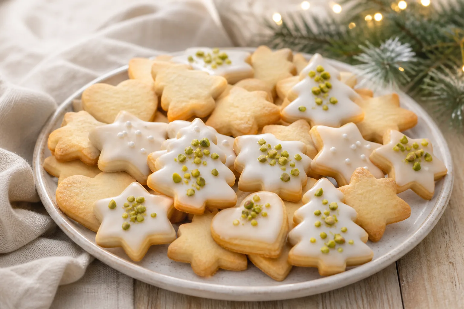Zarte Butterplätzchen mit Zitronenguss auf hellem Weihnachtsteller