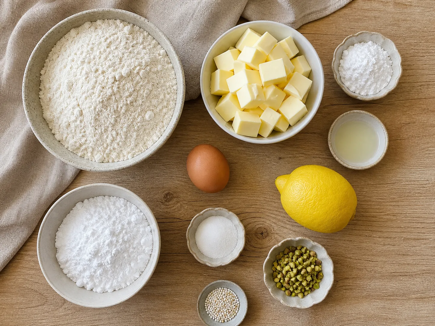 Zutaten für Butterplätzchen mit Mehl, Butter, Ei, Puderzucker, Vanille und Zitrone