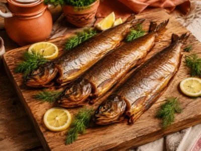 Forellen räuchern Salzlake Gewürze Rezept – geräucherte Forellen auf Holzbrett