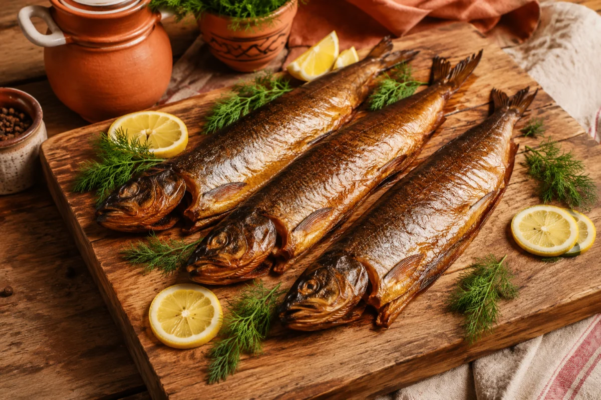 Forellen räuchern Salzlake Gewürze Rezept – geräucherte Forellen auf Holzbrett