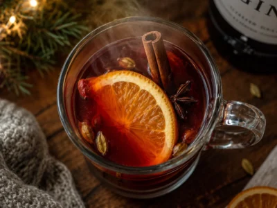 Glühgin Rezept: dampfendes Glas mit heißem Gin-Drink, garniert mit Orangenscheibe und Zimtstange