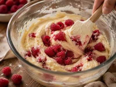 Teig und Himbeeren vereinen