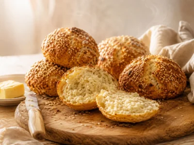 Keto Brötchen Rezept – frisch gebackene Low-Carb-Brötchen auf Holzbrett