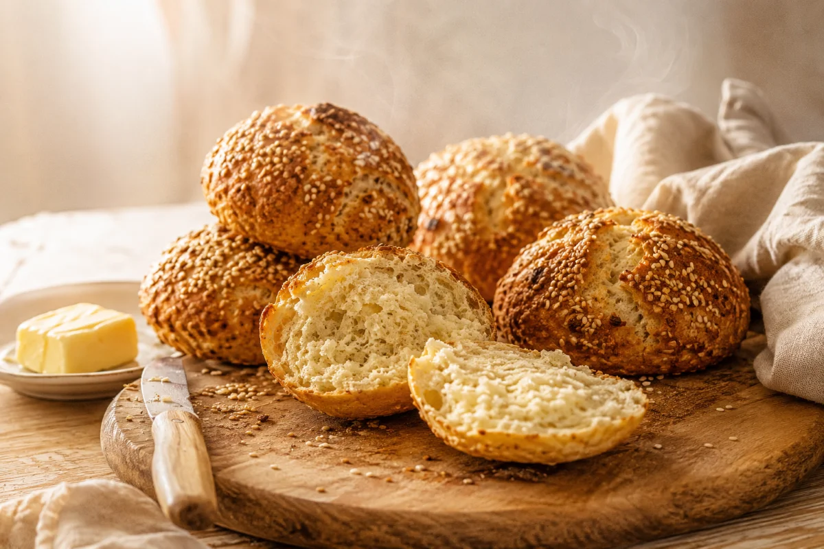 Keto Brötchen Rezept – frisch gebackene Low-Carb-Brötchen auf Holzbrett