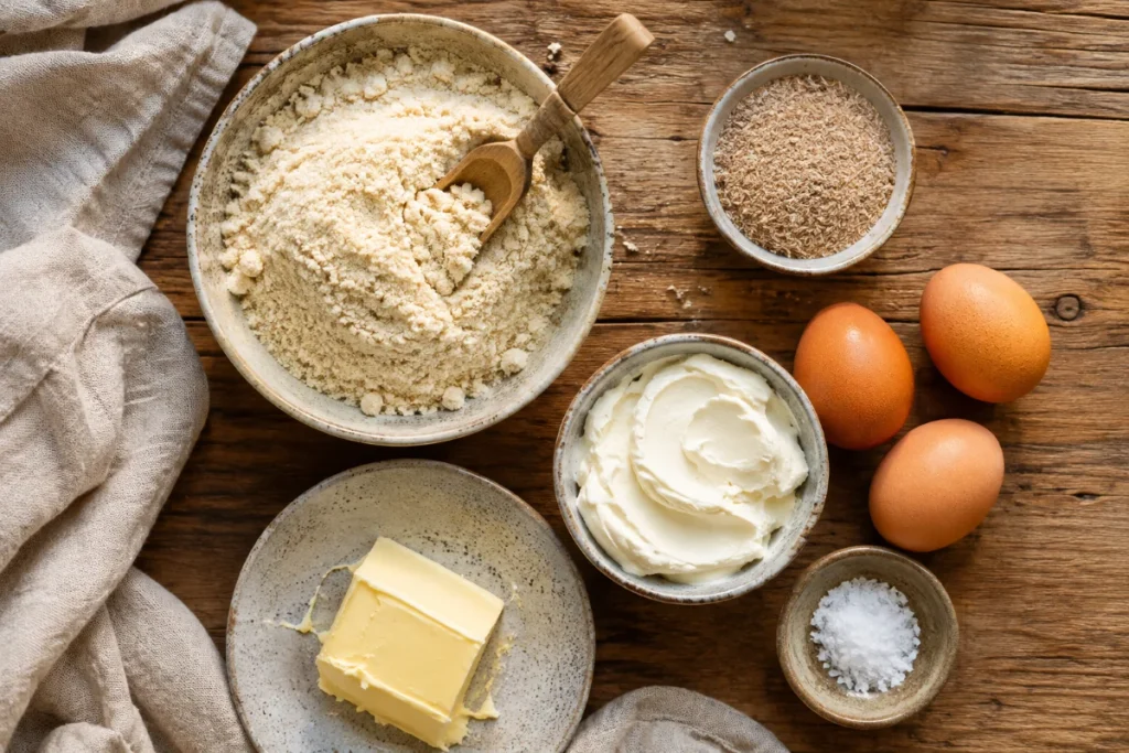 Zutaten für Low-Carb-Brötchen: Mandelmehl, Eier und Frischkäse
