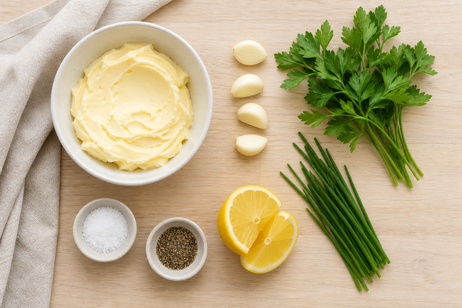 Zutaten für Knoblauchbutter: Butter, vier Knoblauchzehen, Petersilie, Schnittlauch, Zitrone, Salz und Pfeffer