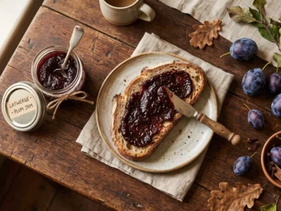 Rezept für Latwerge – dunkles Pflaumenmus im Glas mit frischem Brot