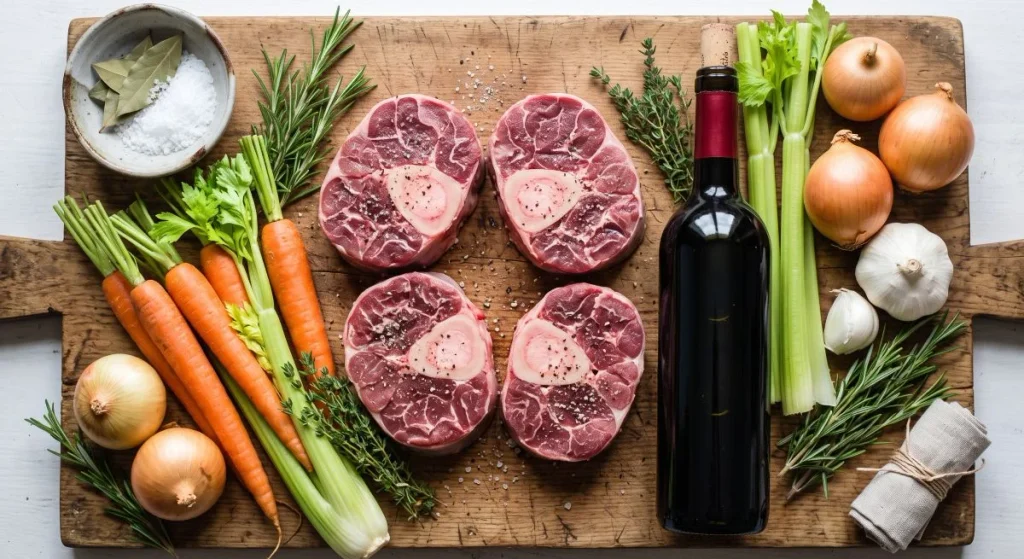 Rohe Rinder-Beinscheiben mit Karotten, Sellerie, Zwiebeln und Rotwein als Flatlay