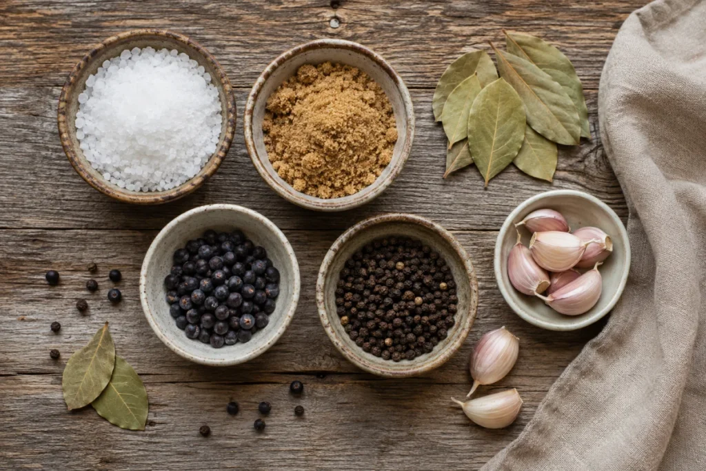 Zutaten für Salzlake: Salz, Zucker, Lorbeer, Wacholderbeeren und Pfefferkörner