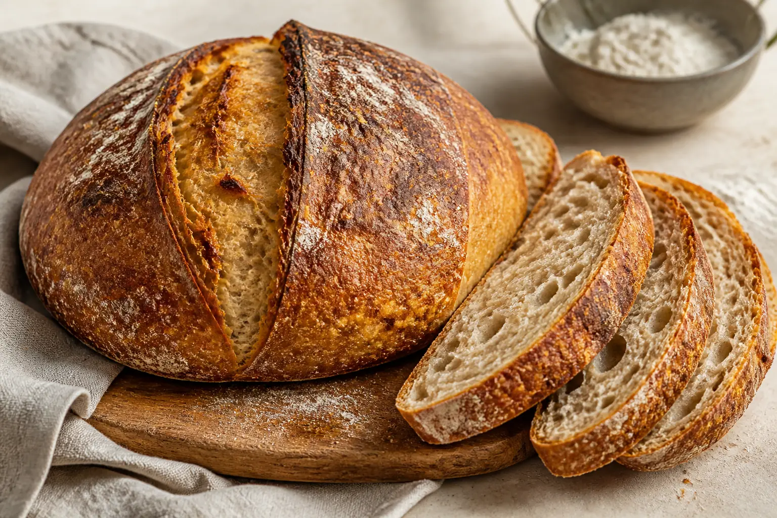 Rundes Sauerteigbrot mit knuspriger Kruste und saftiger offener Krume