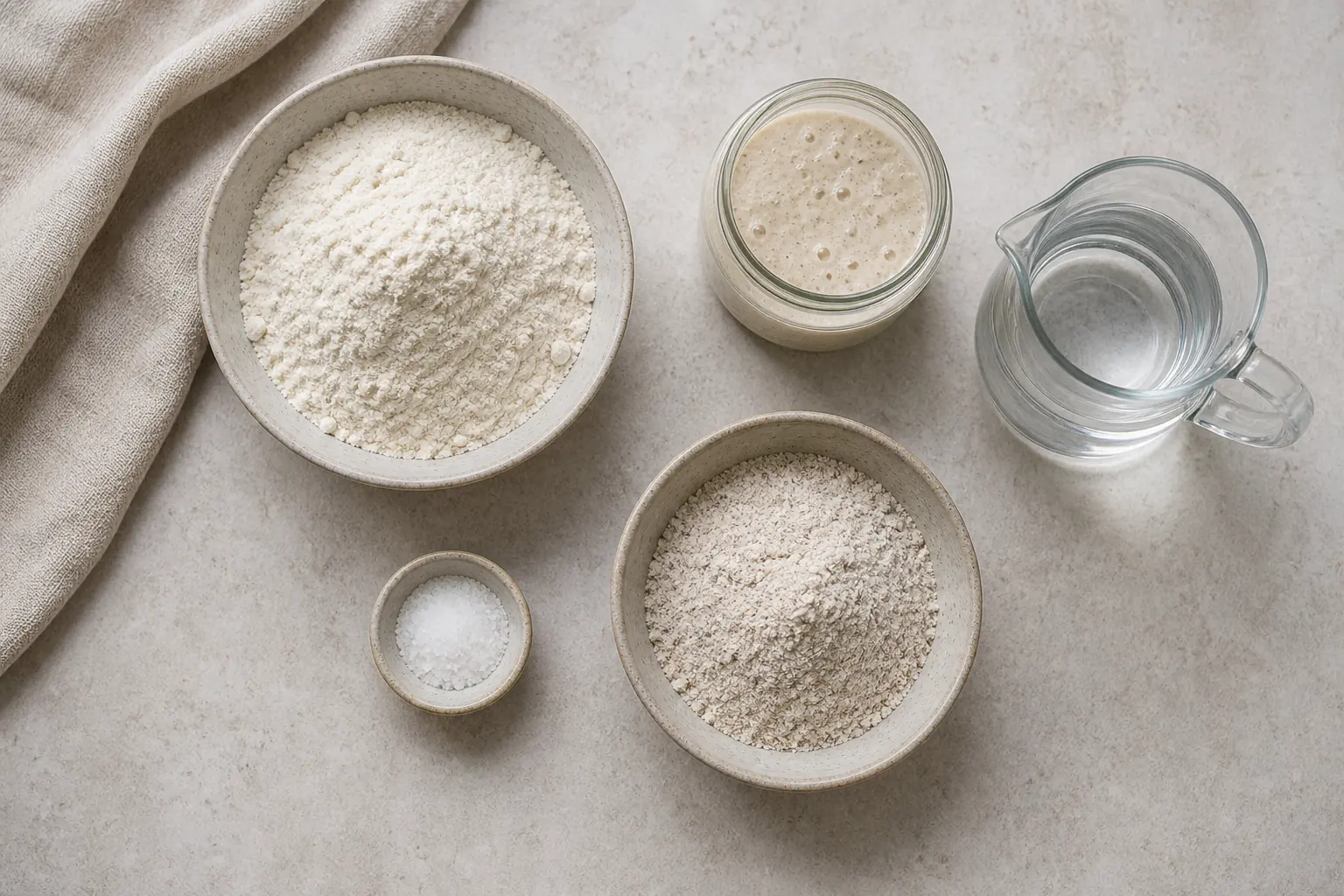 Zutaten für Sauerteigbrot mit Weizenmehl Roggenmehl aktivem Starter Wasser und Salz