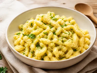 Hausgemachte schwäbische Spätzle mit Butter und Petersilie in einer hellen Schale
