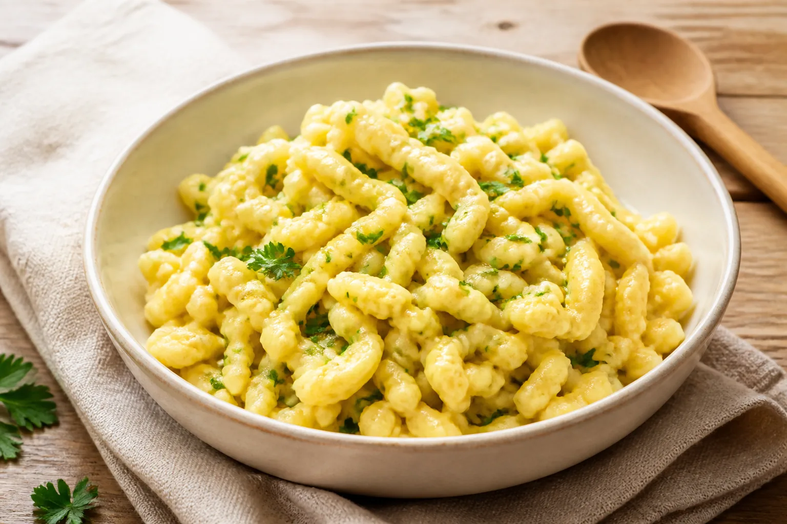 Hausgemachte schwäbische Spätzle mit Butter und Petersilie in einer hellen Schale
