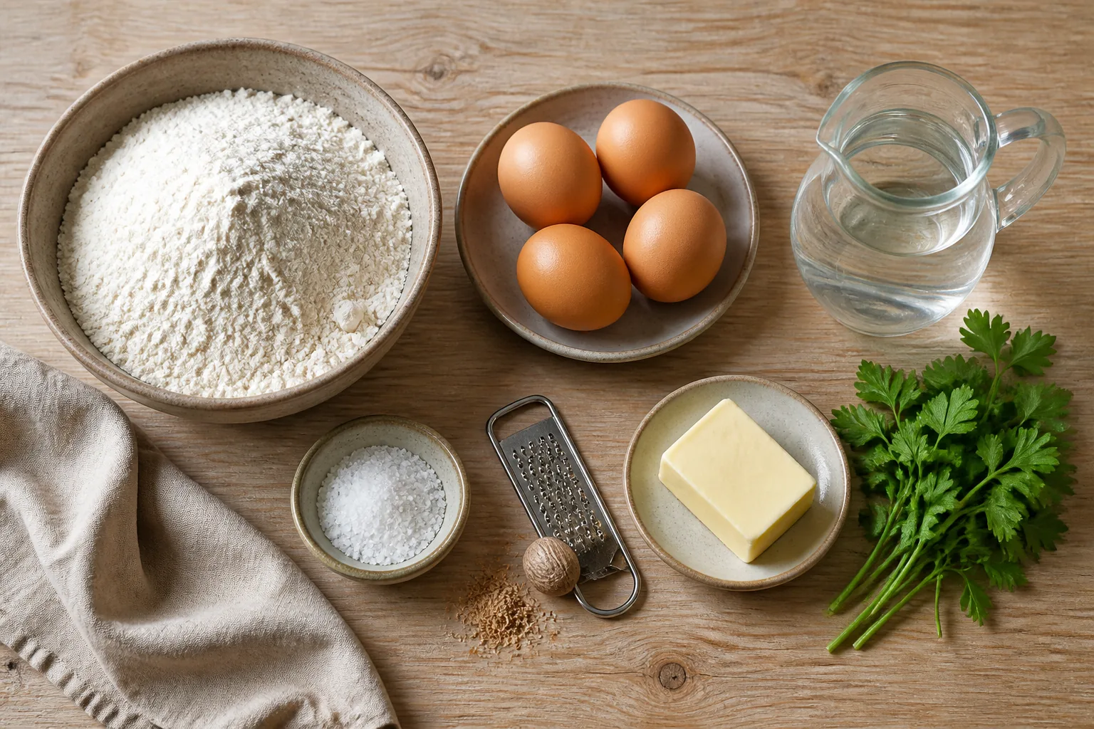 Zutaten für Spätzle mit Mehl, vier Eiern, Wasser, Salz, Muskat, Butter und Petersilie