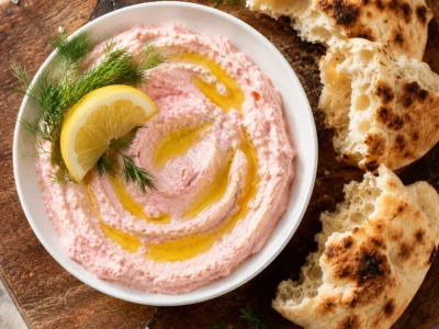 Taramas Rezept – cremiger Fischrogen-Dip in Schale mit Olivenöl und Zitrone