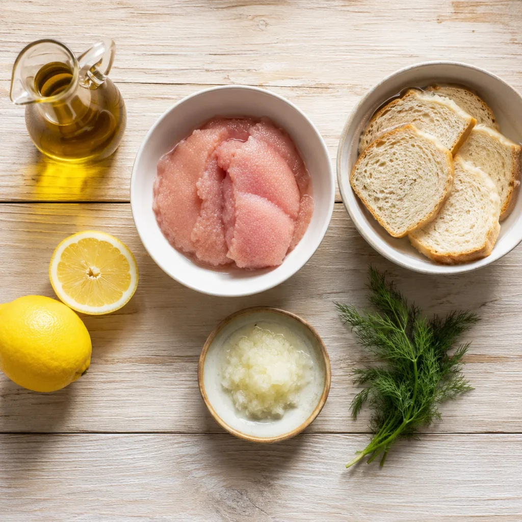 Zutaten für Taramas – Fischrogen, Weißbrot, Zitrone und Olivenöl