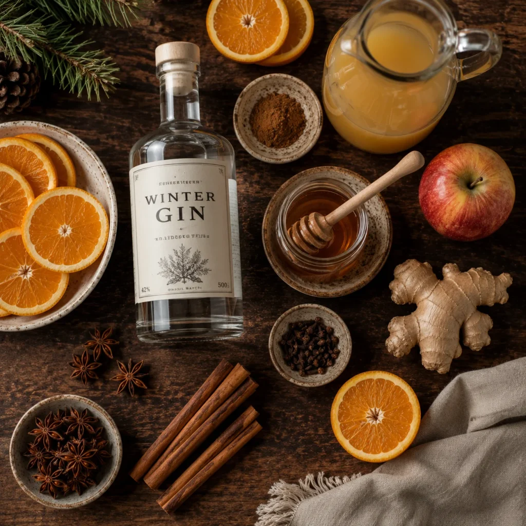 Zutaten für Glühgin: Gin, Orangenscheiben, Zimtstangen, Sternanis, Nelken, Honig und Ingwer