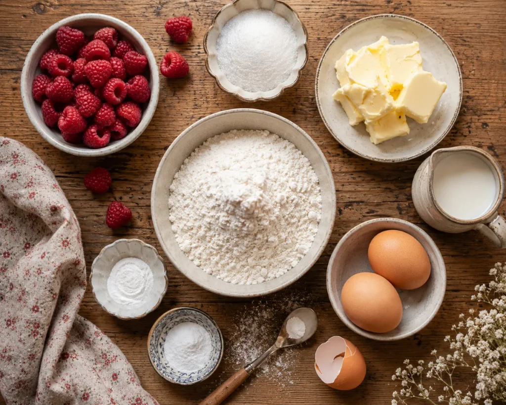 Zutaten für Himbeermuffins: Mehl, Zucker, Butter, Eier und frische Himbeeren auf einem Holztisch