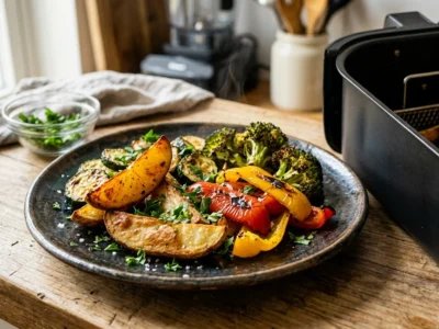 Knuspriges buntes Gemüse mit Kartoffeln Zucchini und Paprika frisch zubereitet im Airfryer Korb