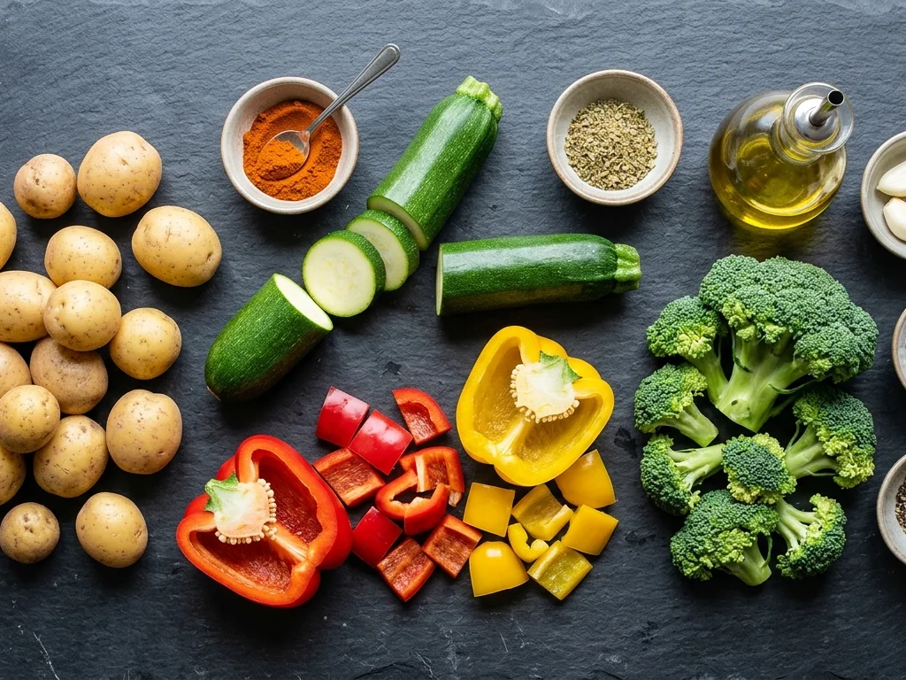 Zutaten für Airfryer Gemüse flach ausgelegt mit Kartoffeln Paprika Zucchini Brokkoli Olivenöl und Gewürzen