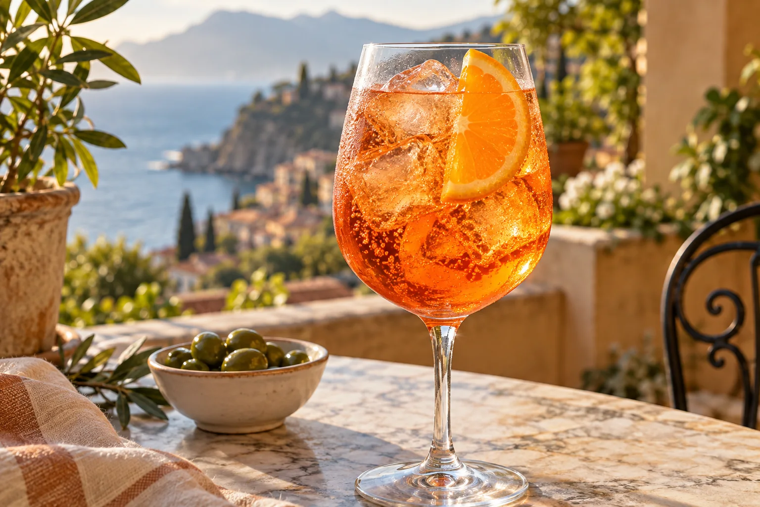 Aperol Spritz mit Prosecco Soda Eis und Orangenscheibe im großen Weinglas