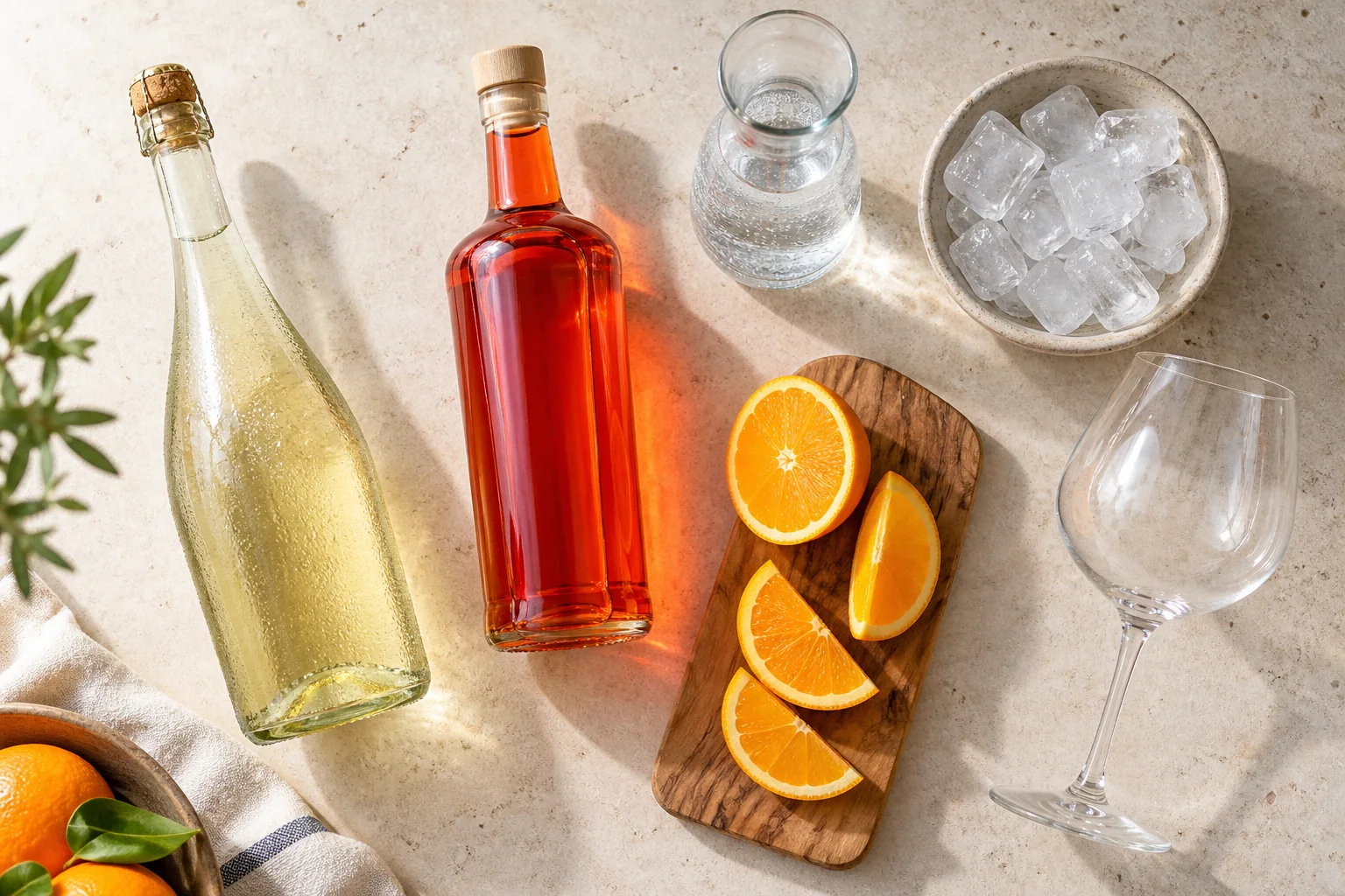 Zutaten für Aperol Spritz mit Prosecco Aperol Sodawasser Eiswürfeln und Orangenscheibe