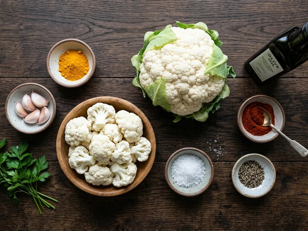 Frische Zutaten für gerösteten Blumenkohl flach ausgelegt mit frischem Blumenkohlkopf Olivenöl Kurkuma Paprika Knoblauch und Kräutern