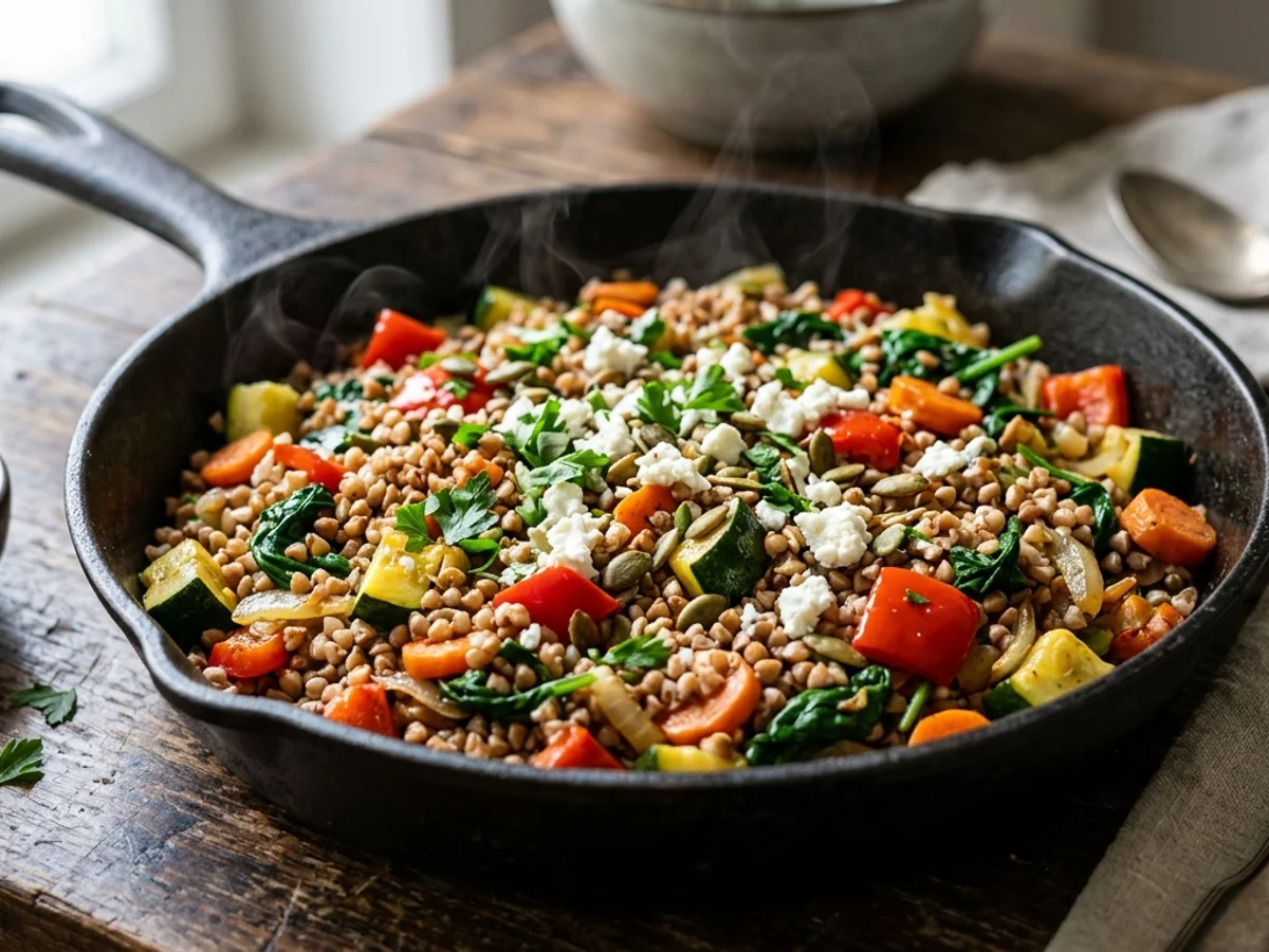 Bunte gesunde Buchweizen-Gemüsepfanne mit Zucchini Paprika Babyspinat und Feta in einer rustikalen gusseisernen Pfanne