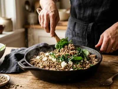 Spinat unterheben, abschmecken und servieren