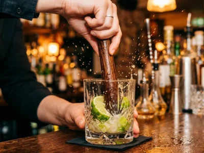 Limetten und Zucker im Glas stößeln
