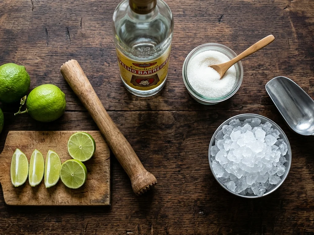 Frische Zutaten für Caipirinha übersichtlich flach ausgelegt mit Bio-Limetten weißem Rohrzucker Cachaça Holzstößel und Crushed Ice