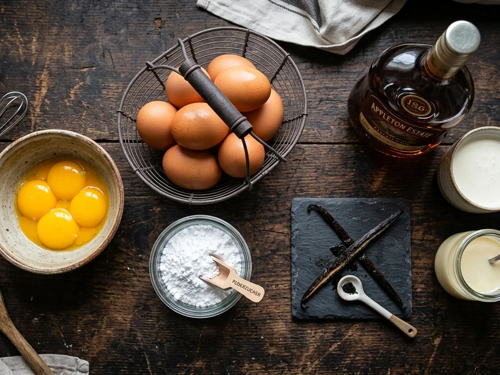 Frische Zutaten für Eierlikör übersichtlich flach ausgelegt mit frischen Eigelben Puderzucker Sahne Rum und echter Bourbon-Vanille