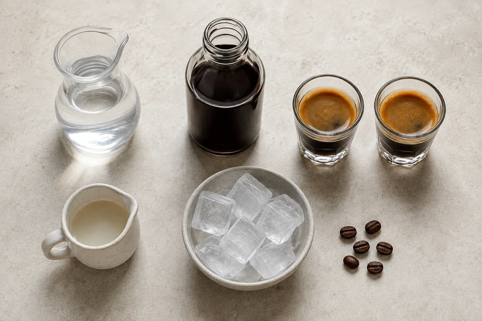 Zutaten für Espresso Martini mit Espresso Wodka Kaffeelikör Zuckersirup und Eiswürfeln