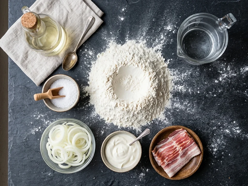 Frische Zutaten für Flammkuchenteig übersichtlich flach ausgelegt mit Mehl Öl Wasser Salz Crème fraîche Speck und Zwiebeln
