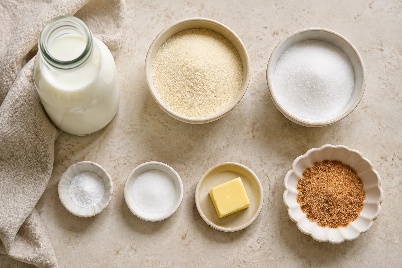 Zutaten für Grießbrei mit Milch Weichweizengrieß Zucker Vanille Salz Butter und Zimt