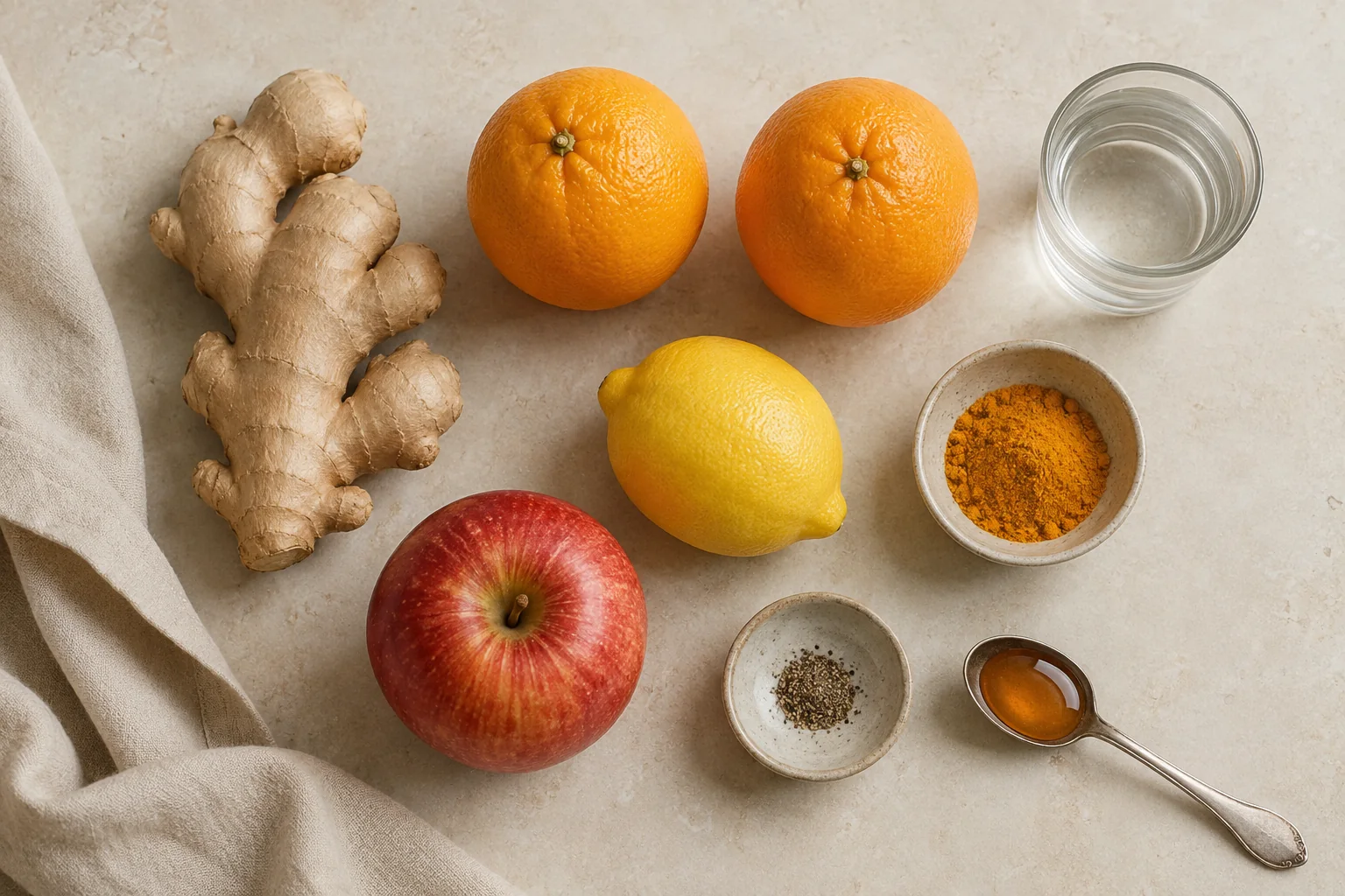 Zutaten für Ingwer Shot mit Ingwer Orangen Zitrone Apfel Kurkuma Honig und Wasser