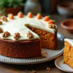 Saftiger deutscher Karottenkuchen mit samtigem Frischkäse-Frosting gehackten Walnüssen und einem angeschnittenen Kuchenstück auf einem Keramikteller