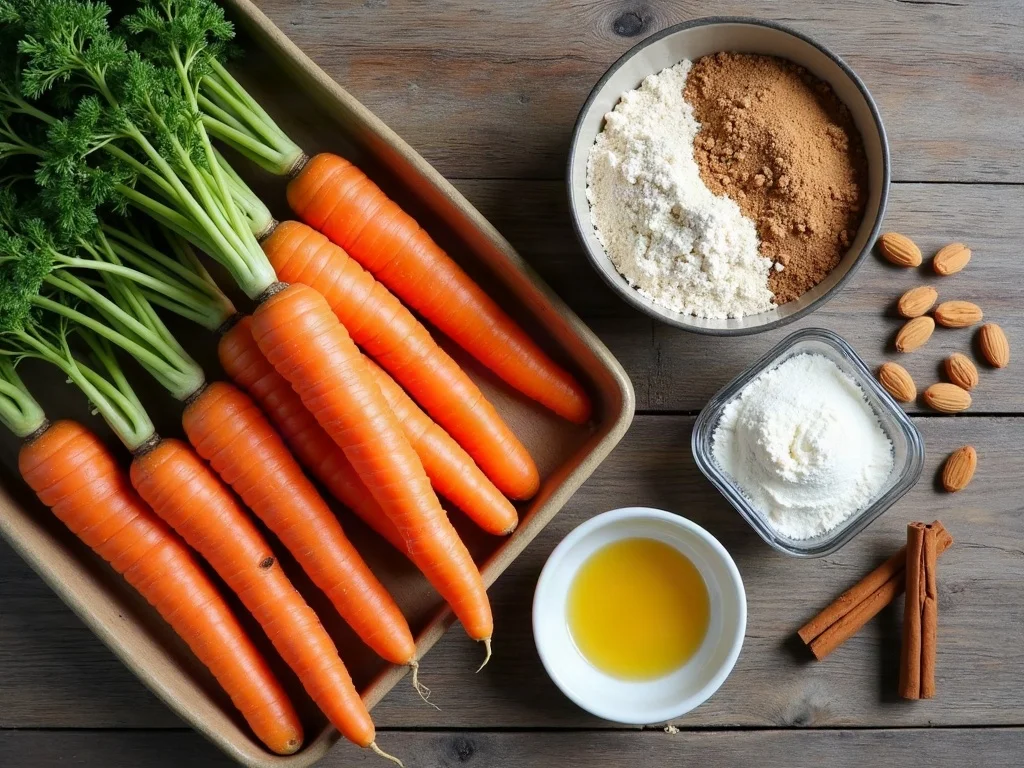 Frische Backzutaten für Karottenkuchen übersichtlich flach arrangiert mit frischen Karotten geriebenen Mandeln Eiern Mehl braunem Zucker und Frischkäse
