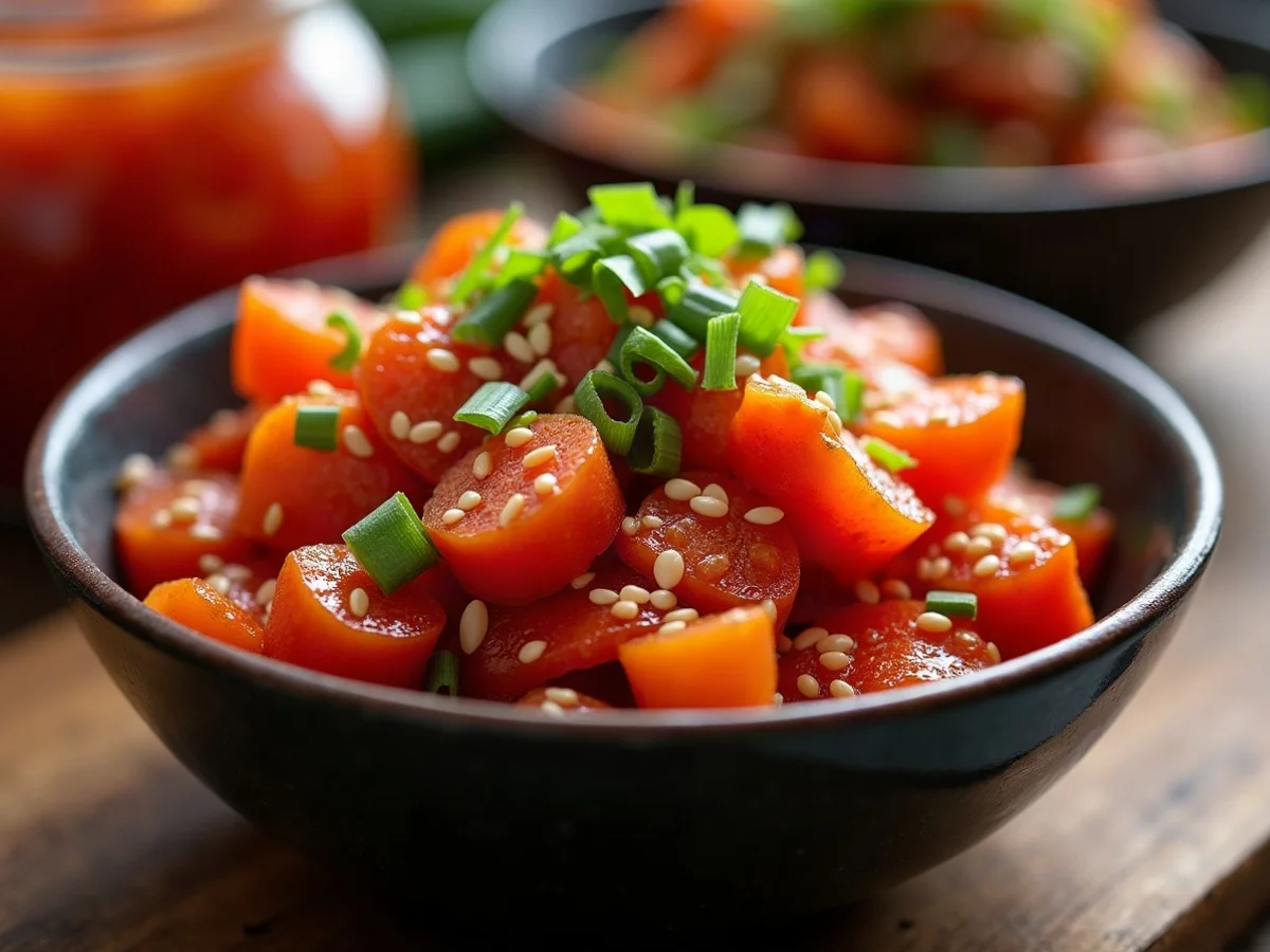 Frisch fermentiertes rotes Kimchi in einer traditionellen dunklen Keramikschale mit Sesamsamen und Frühlingszwiebeln garniert