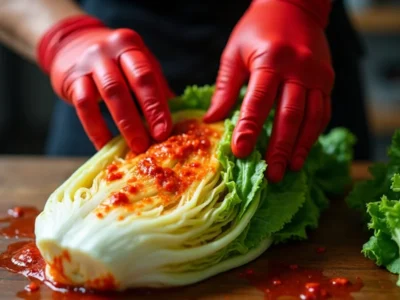 Kohlblätter mit Chilipaste einreiben