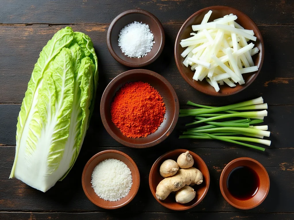 Frische Zutaten für Kimchi übersichtlich flach ausgelegt mit Chinakohl Gochugaru Rettich Frühlingszwiebeln Knoblauch Ingwer und Meersalz