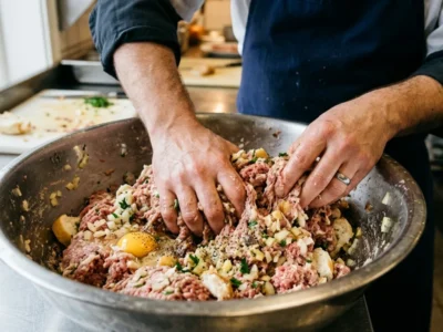 Brötchen einweichen und Fleischteig kneten