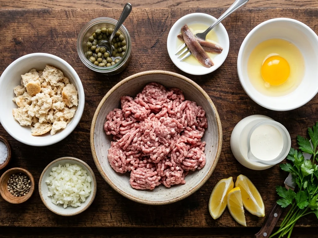 Frische Zutaten für Königsberger Klopse übersichtlich flach ausgelegt mit Hackfleisch altbackenem Brötchen Zwiebeln Ei Kapern und Sahne