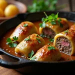 Goldbraun angebratene Kohlrouladen in einer kräftigen dunklen Bratensauce serviert in einer gusseisernen Pfanne mit Petersilienkartoffeln