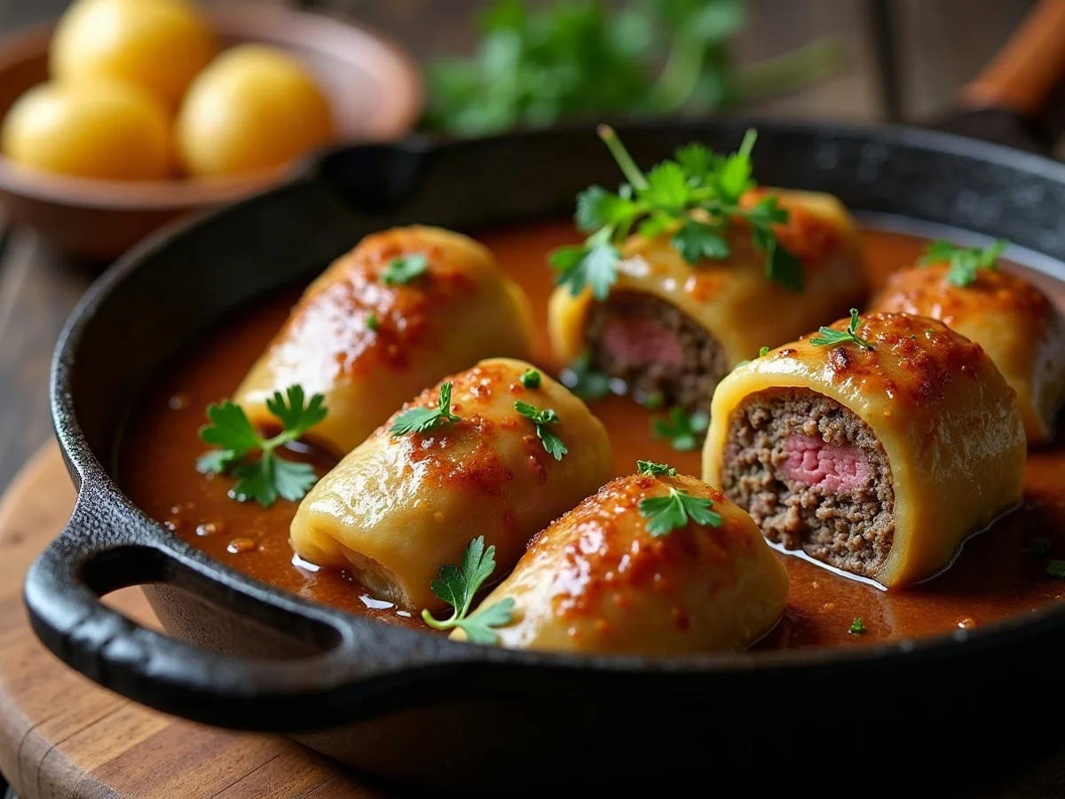 Goldbraun angebratene Kohlrouladen in einer kräftigen dunklen Bratensauce serviert in einer gusseisernen Pfanne mit Petersilienkartoffeln