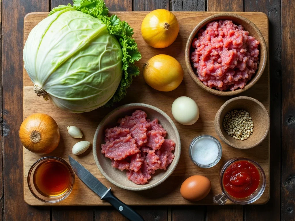 Frische Zutaten für Kohlrouladen übersichtlich arrangiert mit Wirsingkopf Hackfleisch Zwiebeln Speck Ei Senf Gewürzen und Rinderbrühe